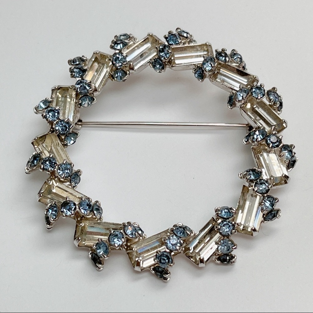 Vintage Clear Baguette and Blue Rhinestone Brooch